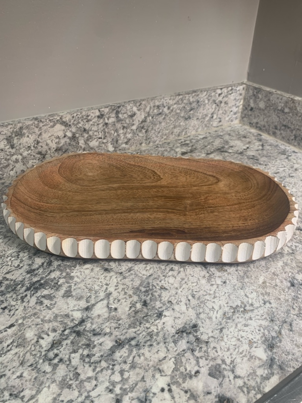 Wood Oval Serving Tray with White Beaded Edge